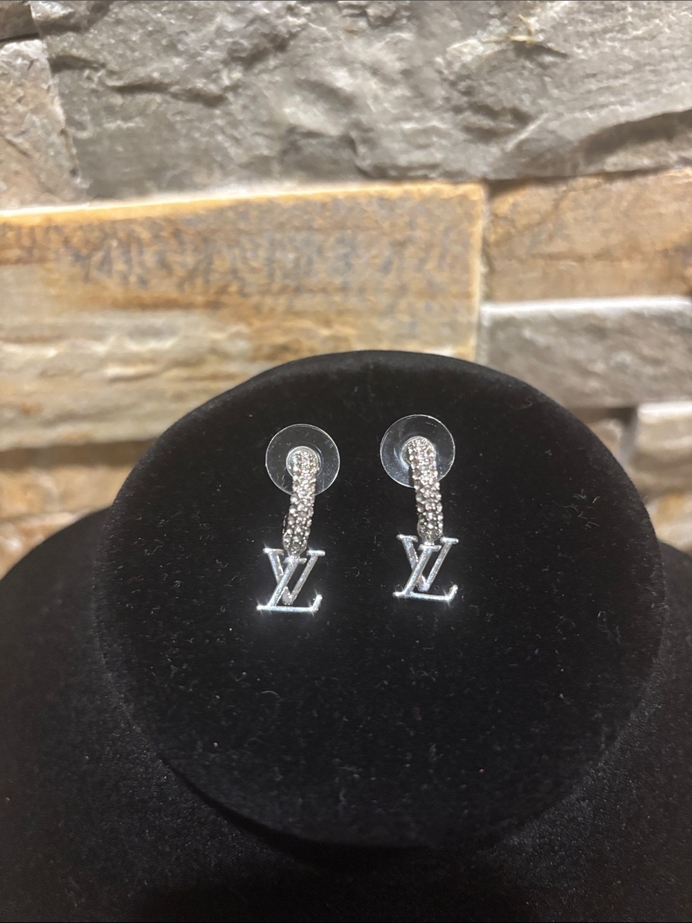 Silver LV Crystal Drop Earrings - Silver